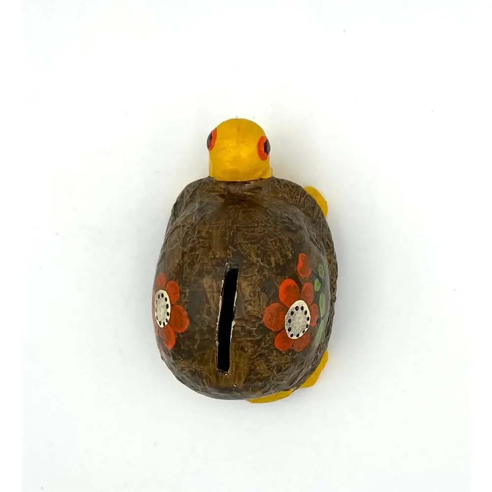 Vintage Ceramic Turtle Coin Bank 1970s Hippie Boho Flowers READ